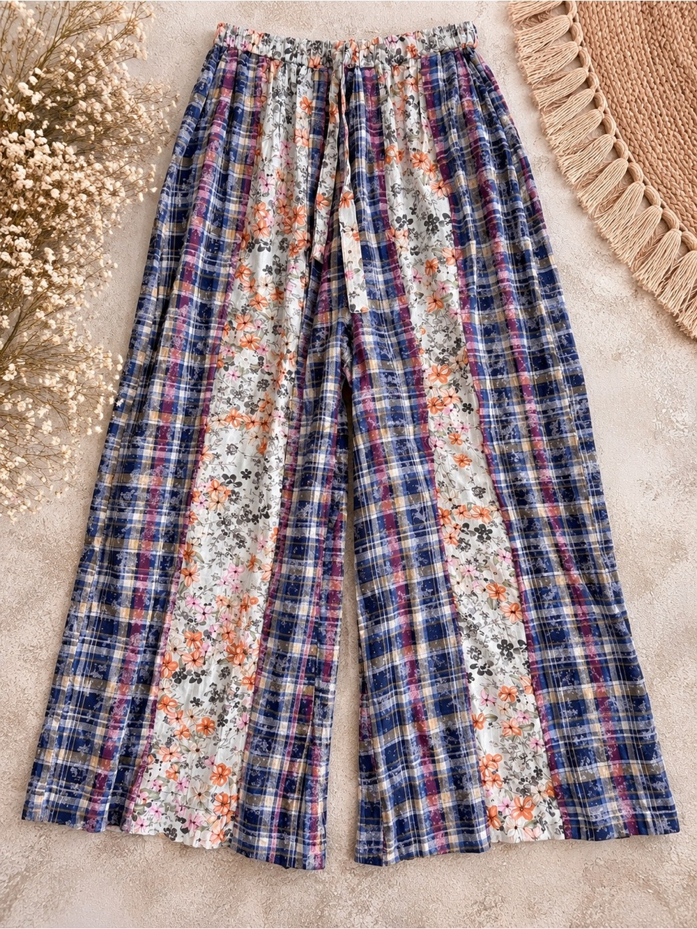 New POL Patchwork Wide Leg Pants Navy Floral Plaid Boho Small